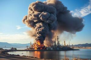 grande explosión en el costa afuera petróleo refinería ai generado foto