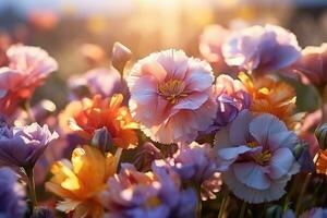 Flower field in sunlight spring or summer garden professional advertising photography AI Generated photo