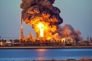 grande explosión en el costa afuera petróleo refinería ai generado foto