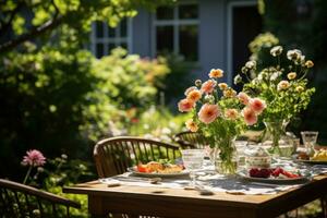 table set for a summer brunch in the garden AI Generated photo