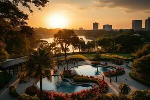 a park in a bustling city with wide open space flower fields AI Generated photo