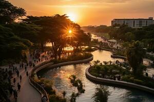 un parque en un bullicioso ciudad con amplio abierto espacio flor campos ai generado foto