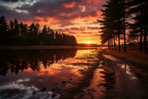 silhouettes of trees under a cloudy sky during sunset professional advertising photography AI Generative photo