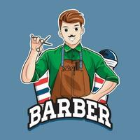 Cheerful barber with professional tools. Mascot character logo. Vector illustration