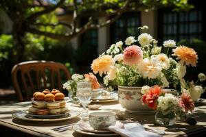 table set for a summer brunch in the garden AI Generated photo