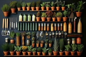 knolling jardinería herramienta plano laico ai generado foto