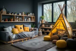 nursery room in kids room at home day view professional advertising photography AI Generative photo