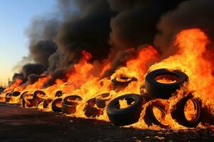 the condition of car tires burning on the road professional advertising photography AI Generative photo