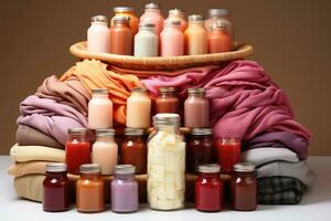 Pile of clean clothes and Wicker basket with clean laundry professional advertising photography AI Generative photo