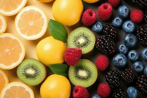 mix fruits isolated with pastel background professional advertising photography AI Generated photo