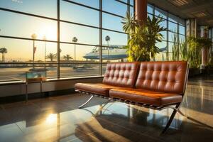 esperando habitación a el aeropuerto con el grande ventana ai generado foto