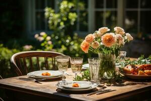 table set for a summer brunch in the garden AI Generated photo