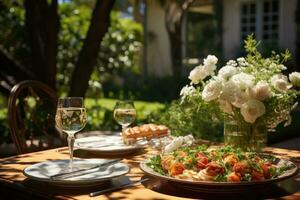 table set for a summer brunch in the garden AI Generated photo