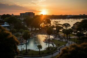 a park in a bustling city with wide open space flower fields AI Generated photo