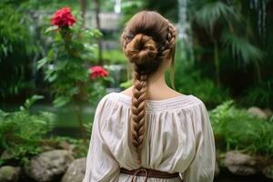 mujer trenza pelo hacer Mira desde espalda profesional publicidad fotografía ai generativo foto