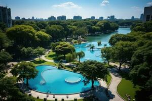 a park in a bustling city with wide open space flower fields AI Generated photo