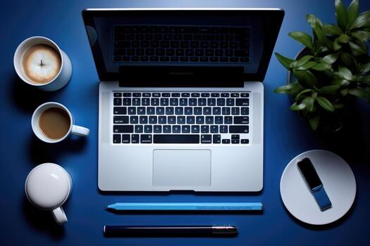 using the personal computer on the table AI Generated photo