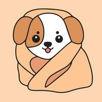 Cute little dog under blanket. Cozy puppy wrapped in blanked colored outline. Hand draw vector illustration.