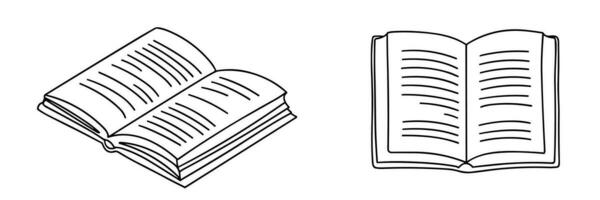 Set of two open books in doodle style. Outline open book. Hand drawn vector illustration.