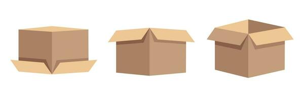 Set of box in flat style. Open cardboard boxes. Hand drawn vector art.