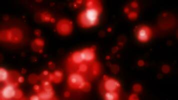 astratto rosso sfocato vacanza sfondo con magico bokeh di raggiante luminosa leggero energia piccolo particelle di volante puntini su un' nero sfondo video