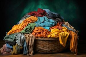 Pile of dirty clothes and Wicker basket with dirty laundry professional advertising photography AI Generative photo