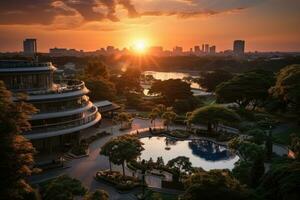 a park in a bustling city with wide open space flower fields AI Generated photo