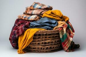 Pile of dirty clothes and Wicker basket with dirty laundry professional advertising photography AI Generative photo