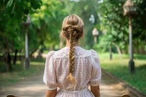 mujer trenza pelo hacer Mira desde espalda profesional publicidad fotografía ai generativo foto