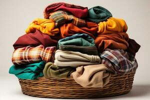 Pile of clean clothes and Wicker basket with clean laundry professional advertising photography AI Generative photo