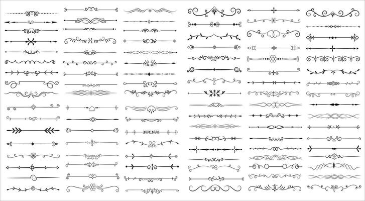 Page Divider And Design Elements. Set of Various Simple Black Divider Design, Assorted Divider Collection Template Vector. Collection of floral dividers elements mega decoration for Calligraphy.