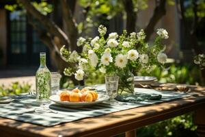 mesa conjunto para un verano desayuno tardío en el jardín ai generado foto