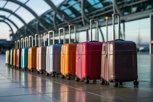 suitcase of luggage at the airport for holidays professional advertising photography AI Generative photo