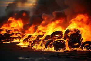 the condition of car tires burning on the road professional advertising photography AI Generative photo