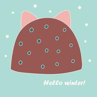 Winter children's hat with ears. Hello winter. Flat vector illustration.