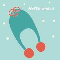 Winter children's hat with buboes. Hello winter. Flat vector illustration