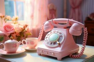 antiguo teléfono en mesa pastel color Clásico estilo ai generado foto