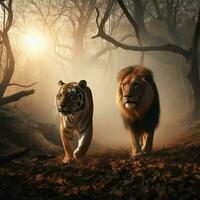un león y un Tigre caminando juntos me gusta un Rey ai generado foto