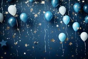 Party stylish decorations on dark blue background, ai generative photo