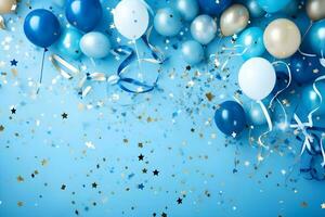 Party stylish decorations on light blue background, ai generative photo