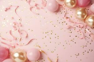 Party stylish decorations on pink background, ai generative photo