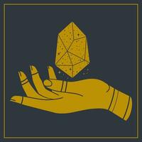 Tribal hand with healing crystal golden postcard illustration vector