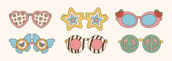 Sunglasses set in retro groovy hippie style. Different forms stars, heart, peace symbol, flowers. Vector illustration 70s 80s