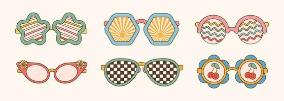 Sunglasses set in retro groovy hippie style. Different forms stars, flowers. Vector illustration 70s 80s