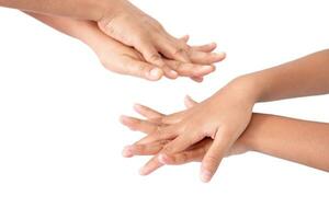 Mother teaches children to wash their hands with alcohol gel isolated on white background photo