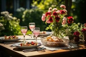 table set for a summer brunch in the garden AI Generated photo