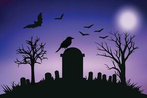 Spooky Graveyard Scene with Bats, Birds, and Trees vector