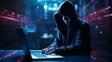 cybersecurity vulnerability and hacker, coding, malware concept. Hooded computer hacker in cybersecurity vulnerability on server room background. Ai generative photo