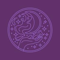 Mystical violet boho logo. Hand with magic, moon and stars in the sky round shape aesthetic icon. vector