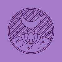 Mystical purple boho logo. Night lotus with moon and stars in the sky round shape aesthetic icon. vector